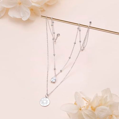 Yearace Choker Necklaces for Women S925 Sterling Silver Sideways Cross/Butterfly/Handcuffs/Infinity Interlocking/Chakra Choker Necklace Dainty Sideways Cross Necklace Jewelry Gift - style: Layered Sun 16+14+2''