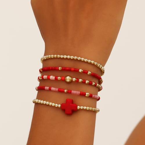 Gold Bracelets for Women, Beaded Cross Stack, Non Tarnish Set，Set-1 | Gold Beaded Bracelet Stack with Stretch Fit, Waterproof Finish and Dainty Design for Everyday Wear and Gifts - color: Colors-11