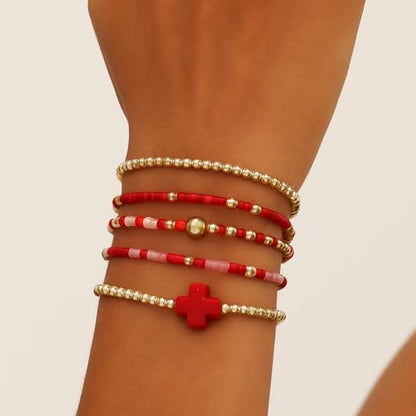 Gold Bracelets for Women, Beaded Cross Stack, Non Tarnish Set，Set-1 | Gold Beaded Bracelet Stack with Stretch Fit, Waterproof Finish and Dainty Design for Everyday Wear and Gifts - color: Colors-11