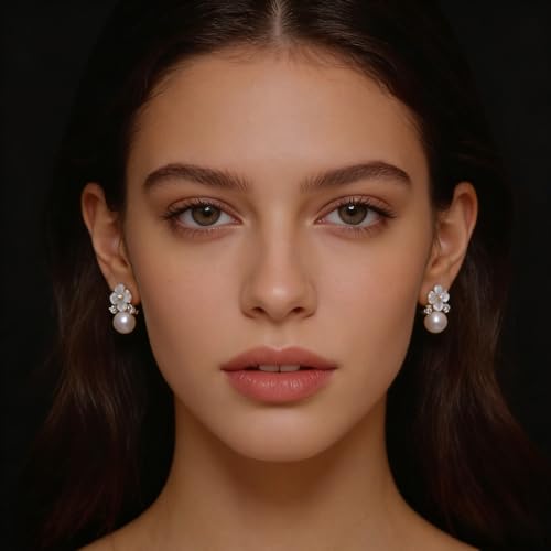 Elegant Pearl Flower Earrings for Women,Sparkling Crystal Studs & Lightweight Dangle Earrings,Hypoallergenic Floral Jewelry Perfect for Daily Wear,Office & Special Occasions