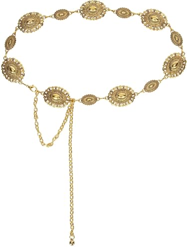 Women Western Concho Chain Belt - Fashion Gold Metal Waist Cowgirl Belt for Dresses Jeans - color: Gold