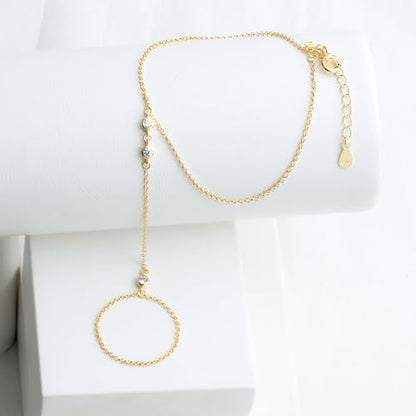 Kakikaki 925 Sterling Silver Finger Ring Bracelet Hand Chain for Women | Slave Bracelets 7" to 9" Adjustable - color: Gold, style: 3 Diamond