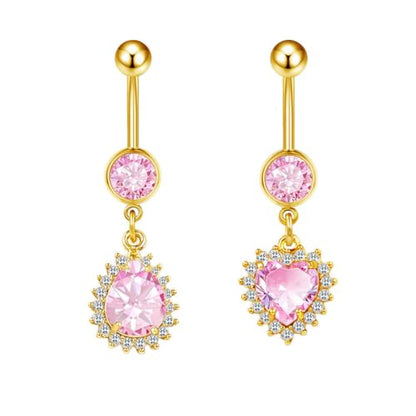 14G Heart and Waterdrop Dangle Belly Button Rings | Stainless Steel, Pink CZ, Dangle Charm Belly Rings, Navel Piercing Barbell, Body Piercing Jewelry - color: Gold
