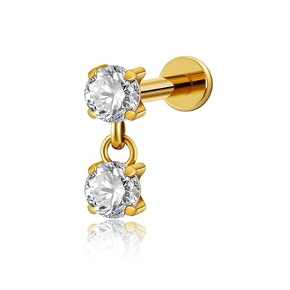 1PC ASTM F136 Titanium Mini Threadless Flat Back Stud 18G 6mm 8mm for Conch Helix Flat Tragus Labret - color: Dangle CZ - Gold