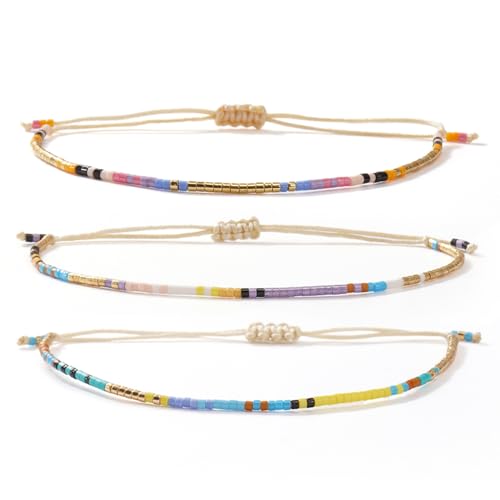 Seed Beaded String Rope Adjustable Bracelets Set for Women Men, Small Colorful Boho Rice 3Pcs Stack Handmade Thin Jewelry, Daily Beach Vacation Friendship Gift - color: Purple Blue G