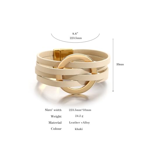 hotoo Circle Charm Bracelets for Women Handmade Leather Wrap Bracelets for Couples Friendship Bracelet Bohemian Cuff Bangle Boho Jewelry Gift - color: New Khaki