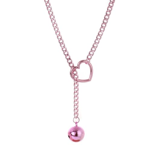 Slip Chain Choker for Women Handmade Black Stainless Steel Cuban Chain Chunky Moon Bat Raven Skull Pendant Gothic Punk Rock Collar Adjustable Lariat Y Necklace for Men - style: Pink bell