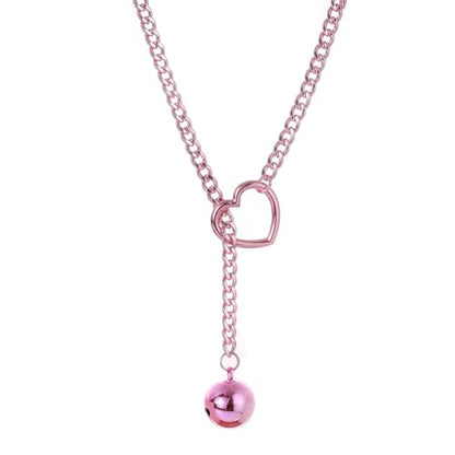 Slip Chain Choker for Women Handmade Black Stainless Steel Cuban Chain Chunky Moon Bat Raven Skull Pendant Gothic Punk Rock Collar Adjustable Lariat Y Necklace for Men - style: Pink bell