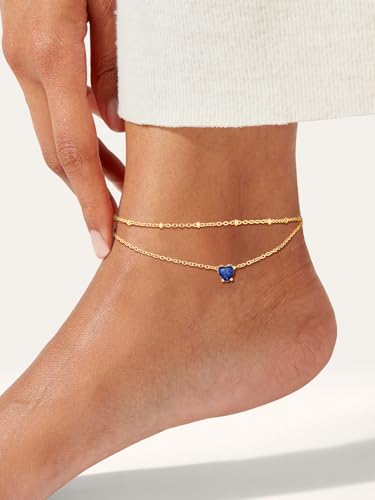 Suplight Gold Plated Butterfly Anklets for Women Waterproof, Layered Boho Ankle Bracelet with Birthstone, Stainless Steel Adjustable Non-Tarnish Heart Foot Jewelry Beach Vacation - color: 09. Heart-Sept. Sapphire