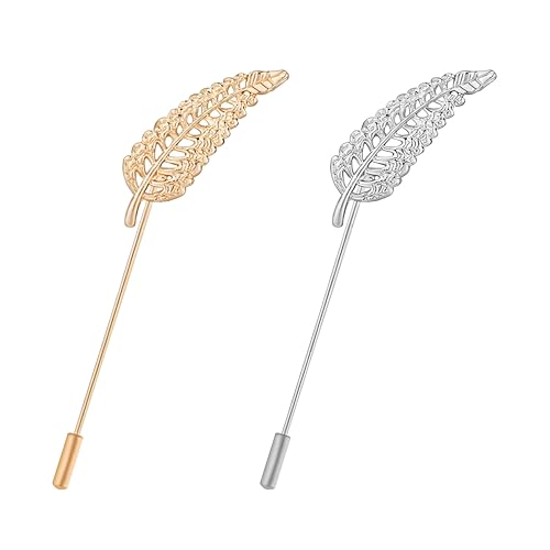 Dreuyet Simple Gold Silver Plated Long Brooch Pins with Cute Animal Antlers Leaves Plant Bees Rabbits Rose Flower Feather Brooch Jewelry for Women Men Elegant Suit Collar Lapel Pin - style: Hollow Leaf