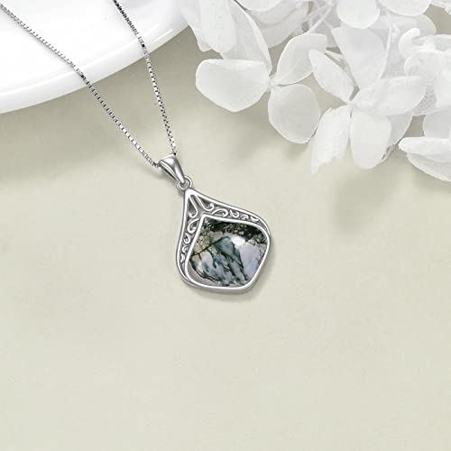 YAFEINI Teardrop Necklace Sterling Silver Filigree Irish Pendant Necklace Natural Stone Moonstone/Lapis Lazuli/Larimar/Moss Agate Necklace Jewelry - color: Moss agate teardrop necklace