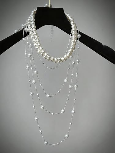 Layered Pearl Choker Necklace for Women Long Pearl Tassel Necklaces Multi Strand Pearl Necklaces Faux Pearl Necklace Wedding Jewelry - color: White