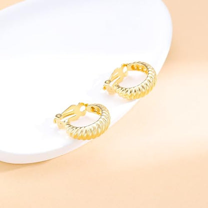 Gold Metal Clip On Earrings for Women Non Pierced Dangle Drop Earrings Multiple Styles - color: gold hoop B