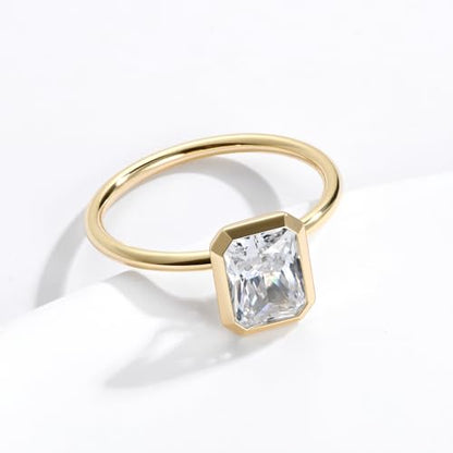 Radiant Cut Moissanite Engagement Ring for Women, Bezel Set Solitaire Ring | D Color VVS1 925 Sterling Silver 14K Gold Plated Wedding Ring, Available in 2CT 3CT 5CT, Diamond Alternative Promise Jewelry - style: 01 - Yellow Gold - 2CT Radiant Moissanite