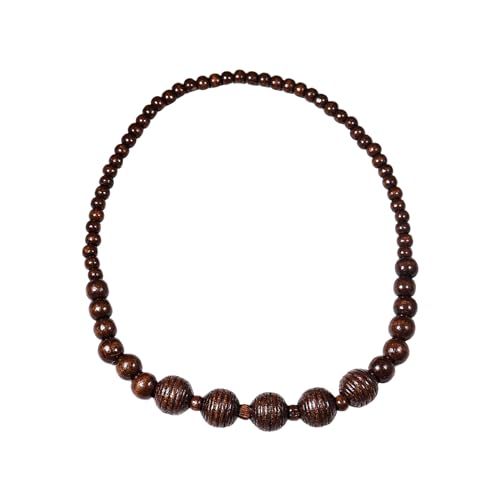 COLORFUL BLING Natural Chunky Wooden Beads Statement Necklace Boho African Tribal Collar Choker Bib Necklace Hippie Vacation Jewelry for Unisex Men Women - color: grooved dark