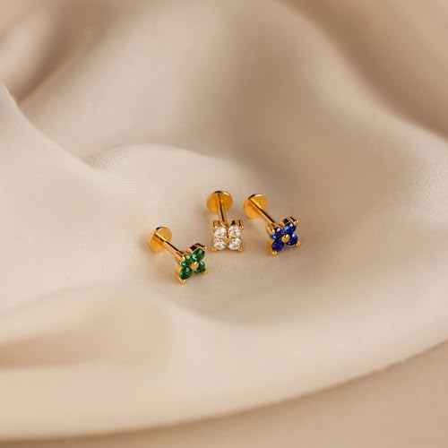 20G/18G/16G Flat Back Earrings Tiny Nose Stud, Cartilage Earring Threadless Tragus Helix Stud Conch Piercing Jewelry - color: CZ Flower(gold 3pcs), size: 18 gauge (1.0mm post)