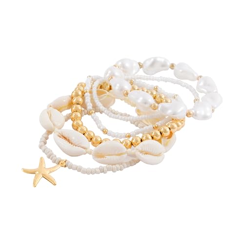 LALAPPLE Shell Bracelet Boho Beaded Stretch Bracelets for Women Seashell Strand Bracelets Starfish Charm Jewelry Summer Beach Jewelry Stackable Crystal Gold Plated Beads Bracelet for Women - style: B-beaded shell bracelet