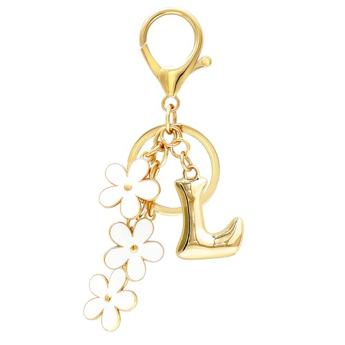 Floral Series Initial Bag Charm, Cute Flower & Bubble Letter Purse Charms, Keychain Accessories Gift for Women - color: White Flower, style: L