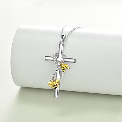 POPLYKE Cross Necklace for Women 925 Sterling Silver Cross Pendant Necklace Animal Jewelry Christmas Gifts for Women Mother Grandma - style: Bee
