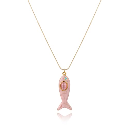 Boho Summer Fish Sea Pendant Charms Necklace For Women,Colored Seashore Ocean Holiday Stainless Steel Chain Surfer Jewelry Choker Necklace Adjustable - color: Pink