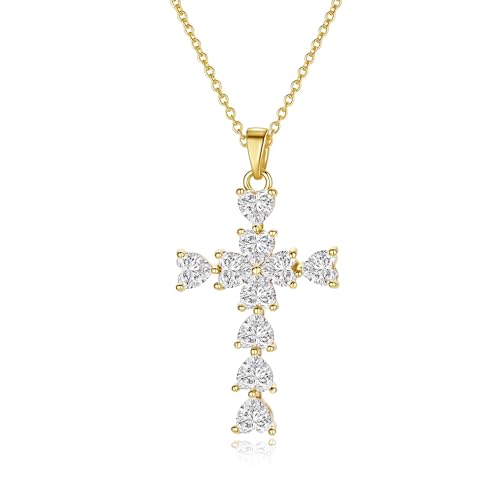 Cross Necklace for Women, 14K Gold Plated Cubic Zirconia Cross Pendant Necklace, Trendy Christian Jewelry Gifts for Baptism First Communion Christmas - color: Style F - Gold