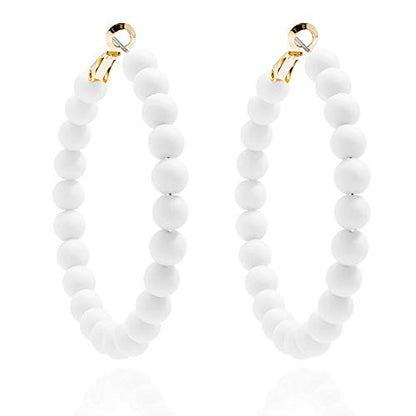 ZENZII Beaded Hoop Earrings Bohemian Circle Round Bead Earrings Chic Dangle Earrings for Women and Girls - color: White