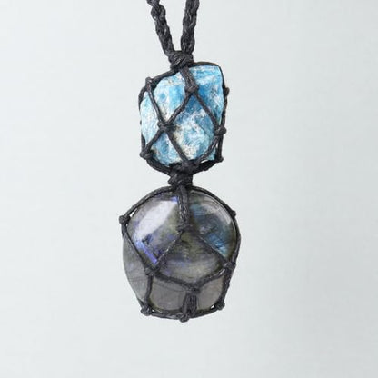 Anjiucc Handmade Crystal Cage Holder with Raw Gemstone Pendant Necklace Natural Stone Healing Crystal Necklace Adjustable Length - color: Labradorite+Blue apatite