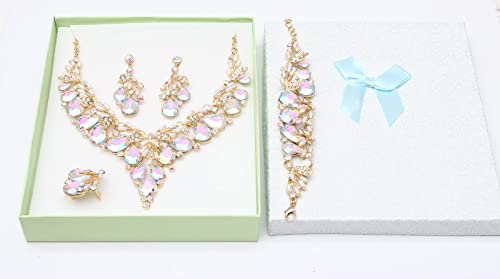 Jewelry Set for Women, Statement Necklace Dangle Earrings Bracelet Ring, White/KC Gold Plated Jewelry Set with Rhinestone Pearl Crystal Wedding Party Jewelry for Bridal Bridesmaid - color: White AB-Gold Plated