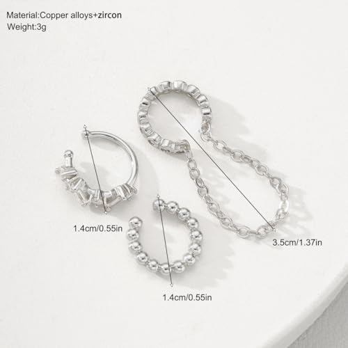 3Pcs Ear Cuffs Non Piercings for Women, Trendy Cubic Zirconia Gold Silver Clip On Cuff Earrings Set Jewelry Dainty Fake Cartilage Earring - color: Silver Chain2