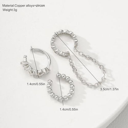 3Pcs Ear Cuffs Non Piercings for Women, Trendy Cubic Zirconia Gold Silver Clip On Cuff Earrings Set Jewelry Dainty Fake Cartilage Earring - color: Silver Chain2