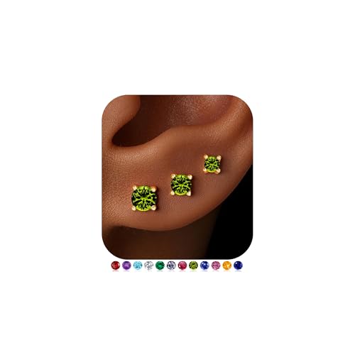Small Birthstone Flat Back Stud Earrings for Women, 14K Real Gold Plated Hypoallergenic Earring Dainty CZ Cartilage Stud Earring Stack, Perfect Birthday Gifts for Women Her - color: 14K Gold Plated-08-August-Peridot Olive Green