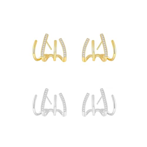 2 Pairs Gold/Silver Hoop Earrings For Women Set Trendy,14K Plated Gold Chunky Huggie Hoop Earings Pack,Oval Twisted Statement Silver Hoops,Fashion Jewelry Gift - color: B11 four clawsCZ studs set