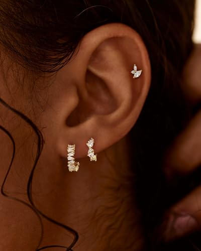3 Pairs Earring Stacks, Gold Earring Set Jewelry Gift for Women | Small, 14K Gold/White Gold/Black/Rose Gold Plated, Hypoallergenic, Her, Everday, Stackable, Simple, 3 Holes - color: Gold-Geometric