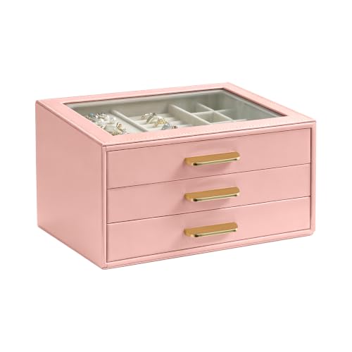 Homeanda Glass Lid Jewelry Boxes for Women, 3-Layer PU Leather Organizer with 2 Drawers, Display Storage for Rings Necklaces Earrings Bracelets Watches, Gift for Wife and Girls (Mauve Pink) - color: Mauve Pink, size: 3 Layer (8.4"D x 5.7"W)