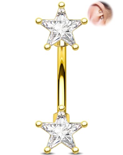 Melighting 16G Gold Star Rook Piercing Bar, 6/8 mm Rook Earring with Clear CZ, 316L Stainless Steel Stylish Eyebrow Lobe Piercing Jewellery for Daily Wear Women - color: Gold, size: 16G8mm