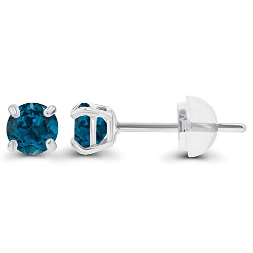 Solid 14K Gold 3mm Round Prong Set Hypoallergenic Genuine Petite Birthstone Stud Earrings - color: Blue Topaz-London Blue Topaz