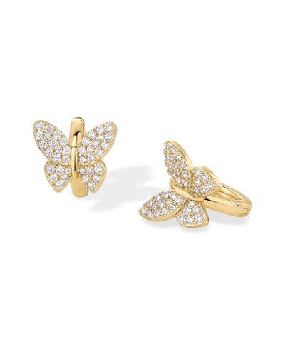 PAVOI 14K Gold Plated 925 Sterling Silver Posts Small Huggie Hoop Earrings for Women - Trendy Celestial North Star, Butterfly, Heart Hoop Earrings - Cubic Zirconia Cute Gold Motif Jewelry - Valentines Day Trendy Jewelry - style: Butterfly