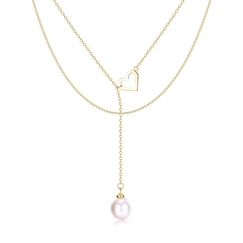 Dochais Dainty Gold Layered Necklace for Women, 14K Gold Plated Y Necklace & Chain, Dainty Lariat Long Necklaces, Trendy Cubic Zirconia Choker, Sun, Heart, Pearl & Cross Pendant Necklace, Jewelry Gift - color: Y Layered Pearl with Heart Lariat-GD