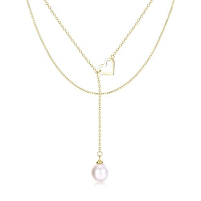 Dochais Dainty Gold Layered Necklace for Women, 14K Gold Plated Y Necklace & Chain, Dainty Lariat Long Necklaces, Trendy Cubic Zirconia Choker, Sun, Heart, Pearl & Cross Pendant Necklace, Jewelry Gift - color: Y Layered Pearl with Heart Lariat-GD