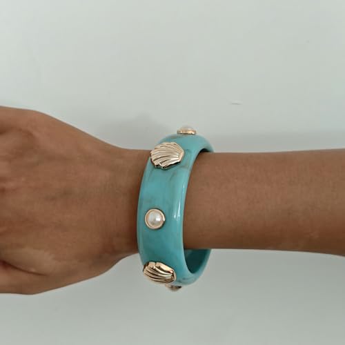 2PCS Chunky Acrylic Bracelet for Women Large Square Resin Cuff Vintage Open Bangle Bracelets Wide Geometric Jewelry - style: O-Shell - Blue
