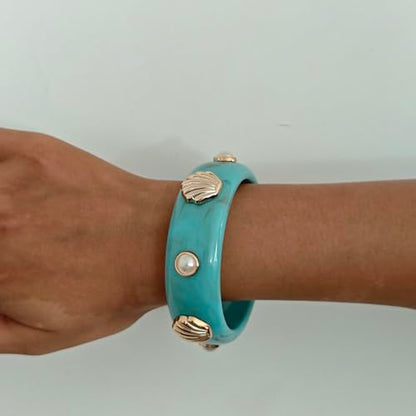 2PCS Chunky Acrylic Bracelet for Women Large Square Resin Cuff Vintage Open Bangle Bracelets Wide Geometric Jewelry - style: O-Shell - Blue