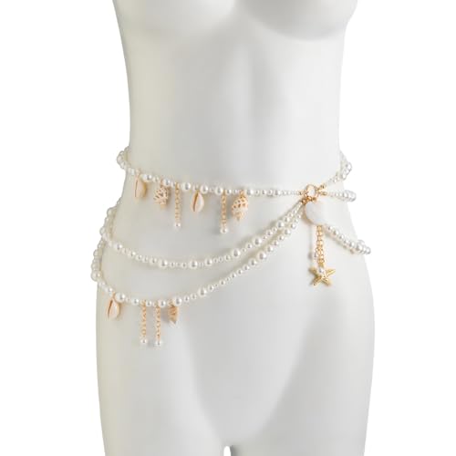 Sexy Multi-layered Starfish Pearl Pendant Waist Chain,White Pearl Tassel Hip Belly Body Chain,Festival Rave Beaded Waist Belt,Summer Shell Conch Body Jewelry for Women