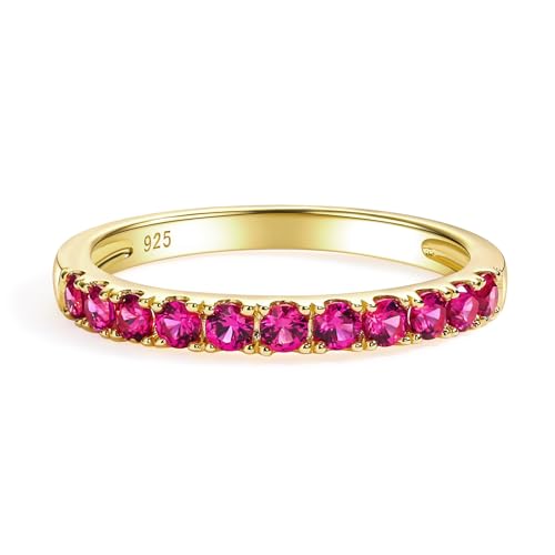 Bezel Set Birthstone Wedding Band 14K Gold Sterling Silver Stackable Half Eternity Band Rings 2.5mm Wide Ruby/Amethyst/Sapphire/Emerald Green/Aquamarine Ring for Women, Send Gift Box - style: 07-Created Ruby