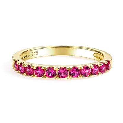 Bezel Set Birthstone Wedding Band 14K Gold Sterling Silver Stackable Half Eternity Band Rings 2.5mm Wide Ruby/Amethyst/Sapphire/Emerald Green/Aquamarine Ring for Women, Send Gift Box - style: 07-Created Ruby