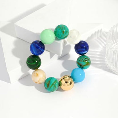 Multicolor Chunky Beaded Bracelet for Women Bold Acrylic Resin Stretch Bracelet Summer Beach Statement Bracelets Trendy Elastic Bangle Jewelry - color: Large bead bracelet-multi blue