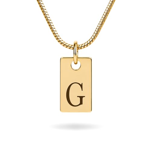 Initial Necklace in 18K Gold Plated, Personalized Engraved Letter Pendant, Gold Snake Chain, 6×10 mm Rectangle Charm for Women - color: G