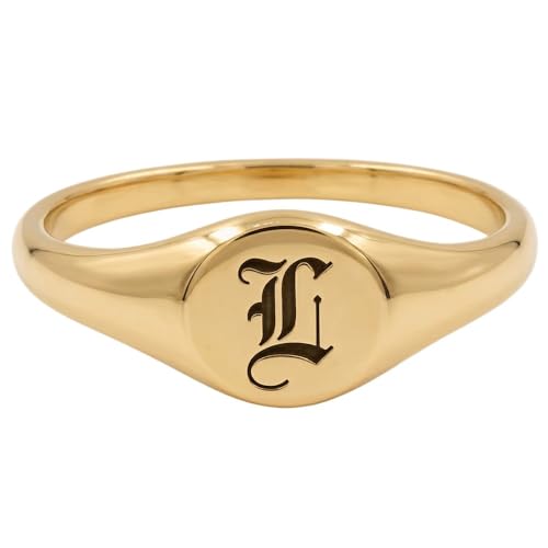 Custom Initial Signet Ring Dainty Engraved Old English Letter Jewelry Personalized Pinky Statement Ring for Women - color: Gold
