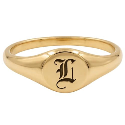 Custom Initial Signet Ring Dainty Engraved Old English Letter Jewelry Personalized Pinky Statement Ring for Women - color: Gold