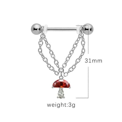 14G Mushroom Chain Nipple Rings for Women Girls 316L Stainless Steel Dangle Nipple Barbell Nipple Studs Rings Nipple Piercing Jewelry, Red, Silver