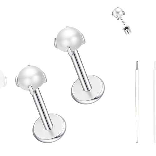 limerencia Titanium Threadless Flat Back Earrings Stud Piercing Jewelry | 20G Press Fit Titanium Push Pop in Cartilage Tragus Labret Lip Medusa Conch Piercing Jewelry Hypoallergenic for Women Men - style: Pearl Silver